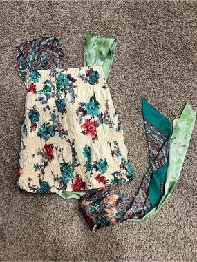 Anthropologie Cream Floral Smocked Top with Teal and Red Flowers